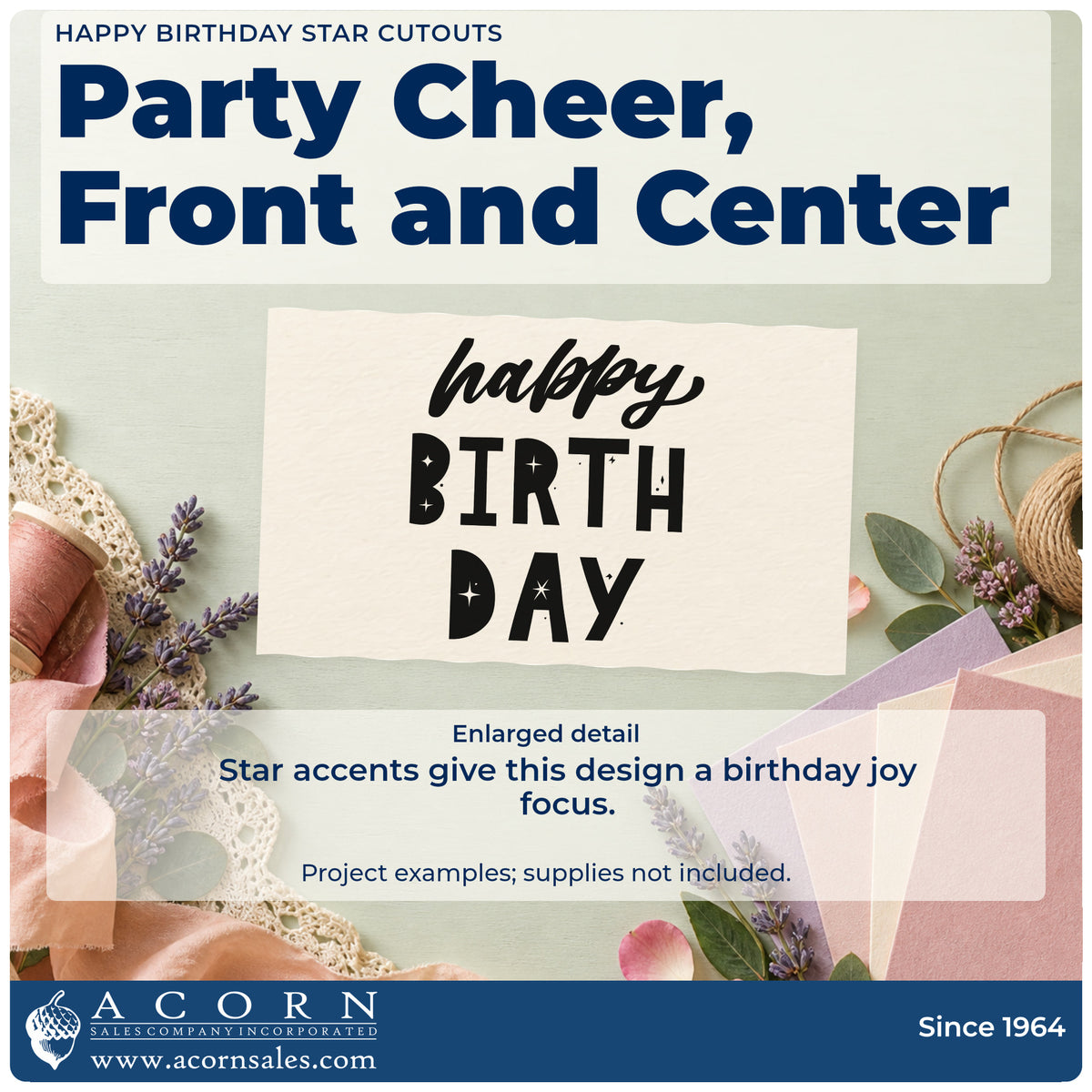 Enlarged detail of the Happy Birthday Star Cutouts Slim Pre-Inked Stamp imprint. Script happy sits above large BIRTH DAY block letters with tiny star cutouts.