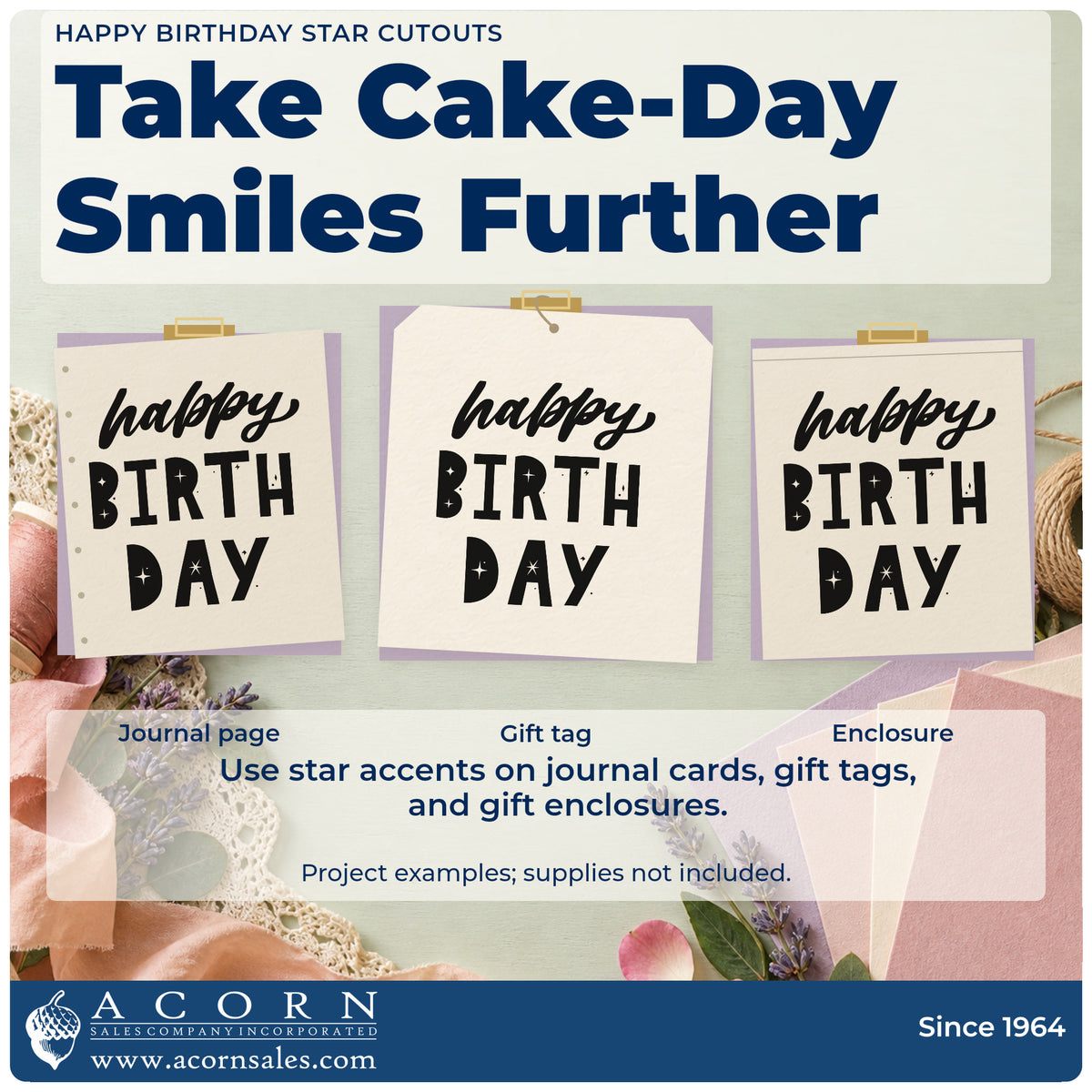 Three project examples made with the Happy Birthday Star Cutouts Slim Pre-Inked Stamp, including film plan sheet.