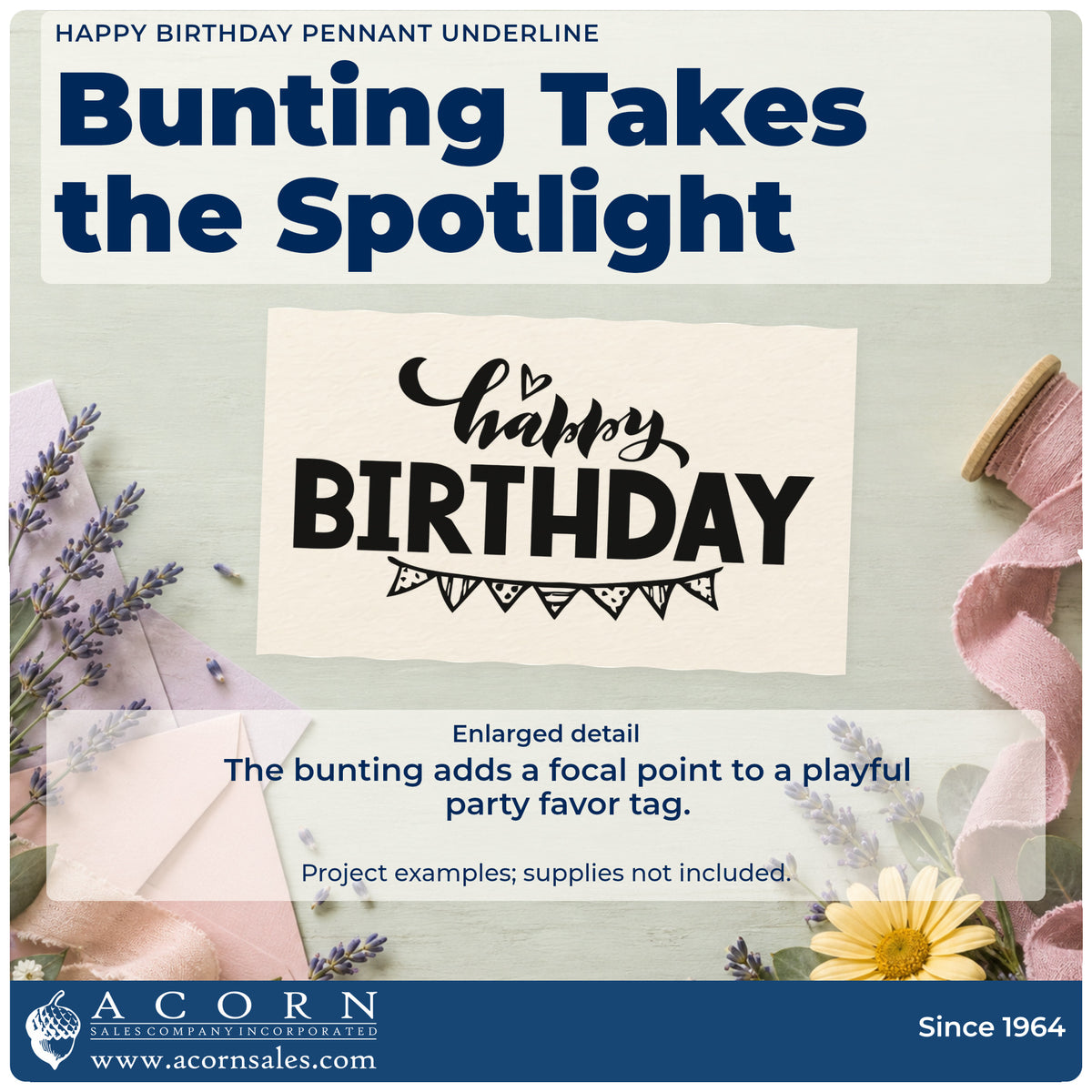 Enlarged detail of the Happy Birthday Pennant Underline Pre-Inked Stamp – PSI imprint. Small script Happy sits above bold BIRTHDAY with patterned pennant bunting below.