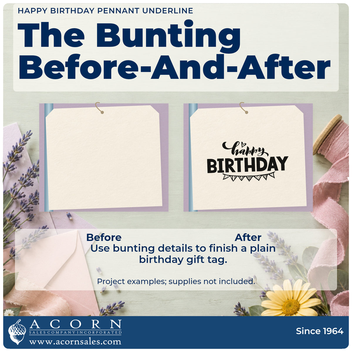 Before and after of a plain item finished with the Happy Birthday Pennant Underline Slim Pre-Inked Stamp, a quick upgrade for framed front porch.