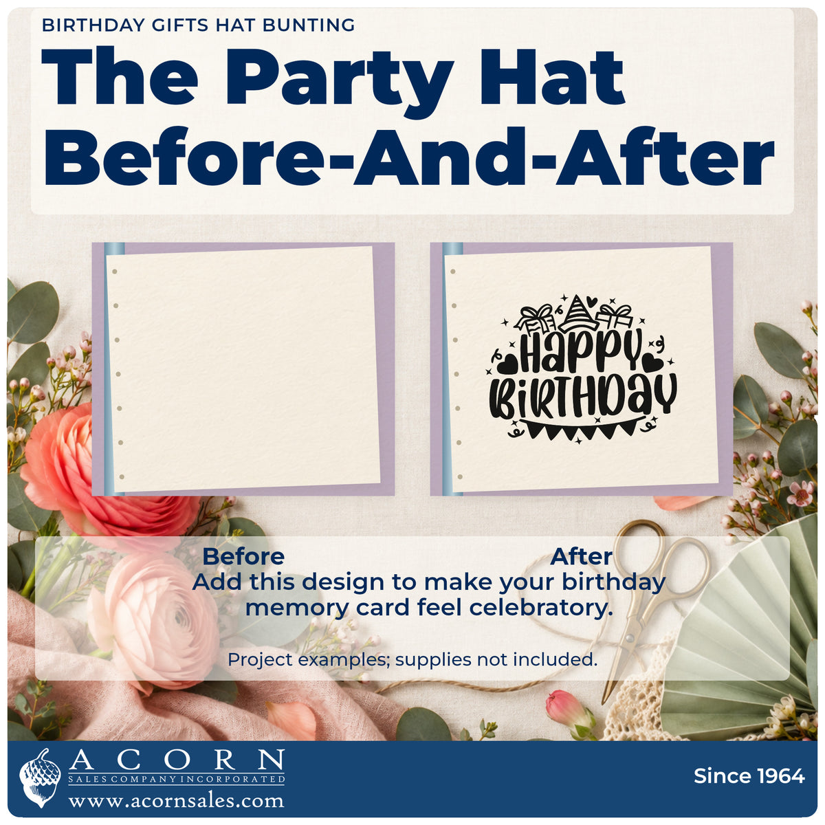 Before and after of a plain item finished with the Birthday Gifts Hat Bunting Confetti Rubber Stamp – Wood Handle, a quick upgrade for framed front desk.