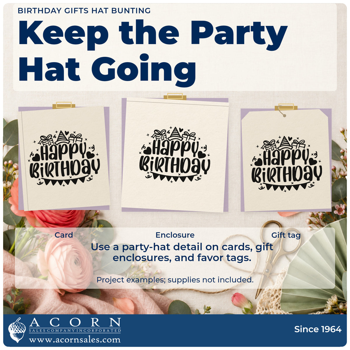 Three project examples made with the Pre-Inked Birthday Gifts Hat Bunting Confetti Stamp – PSI, including loan record sheet.