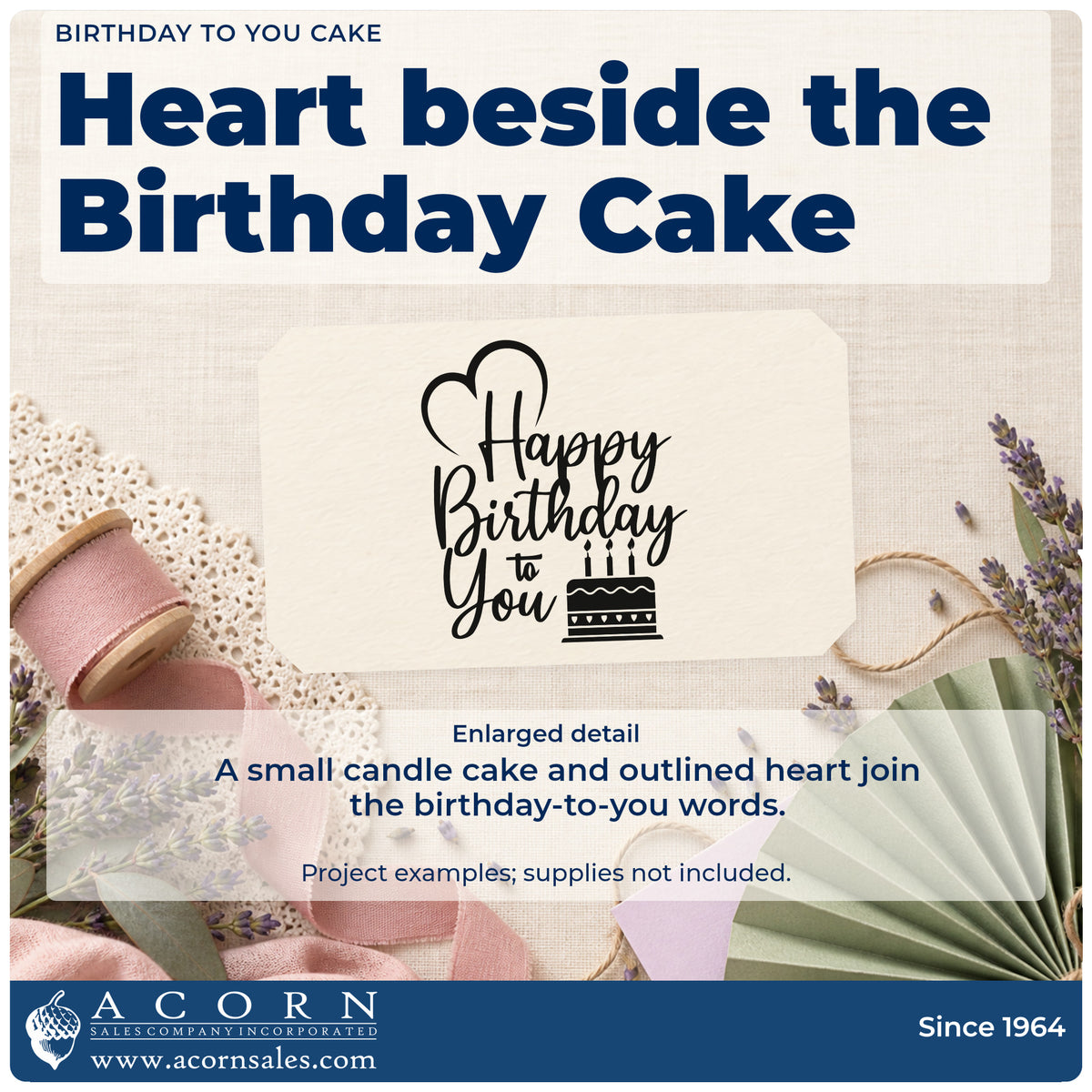 Enlarged detail of the Birthday To You Cake Candles Stamp – Premium Vintage Pro Wooden imprint. Happy Birthday to You appears with an outlined heart and a small candle-topped cake.