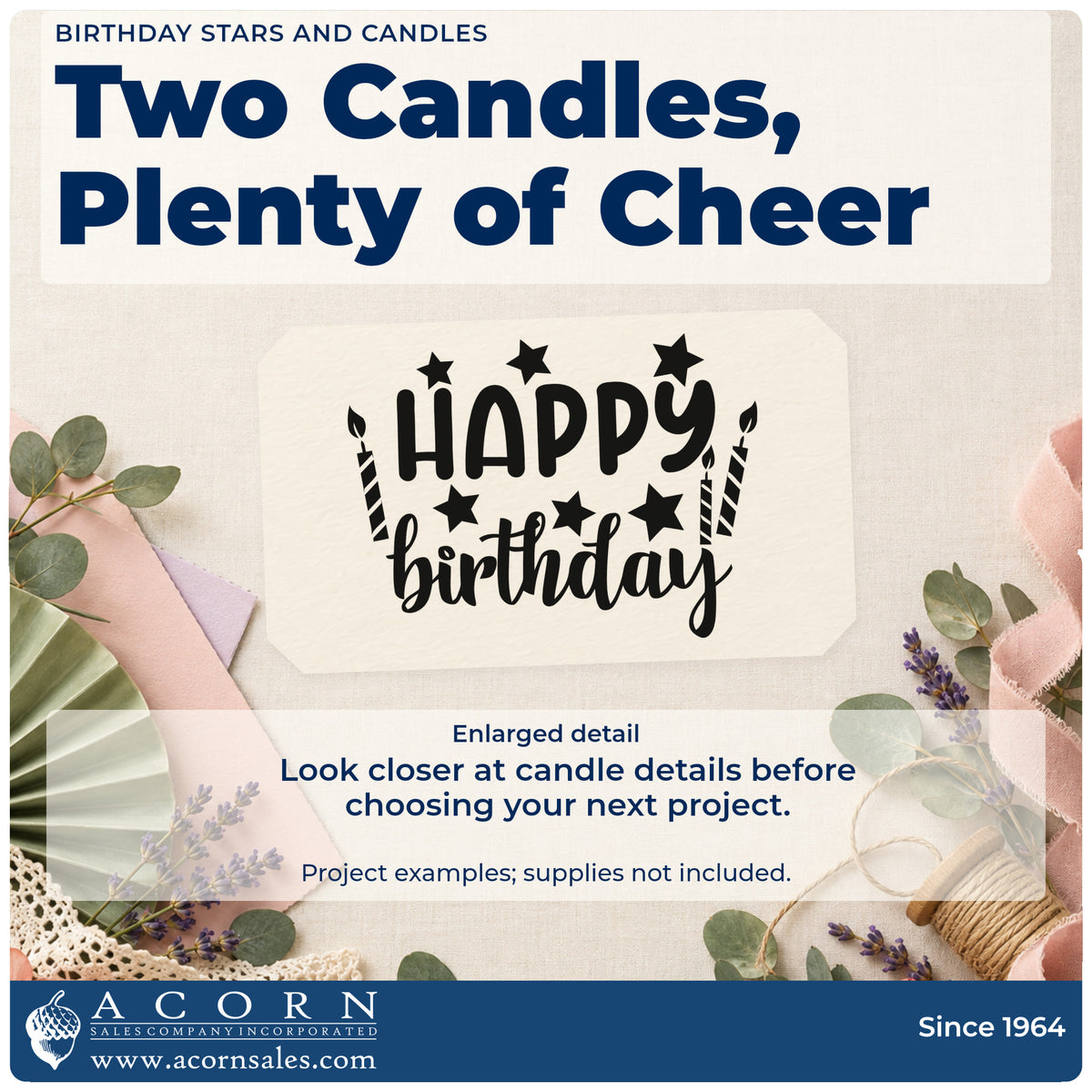 Enlarged detail of the Birthday Wishes With Stars And Two Candles Rubber Stamp – Duo Hand imprint. HAPPY birthday appears among solid stars and two striped candles.