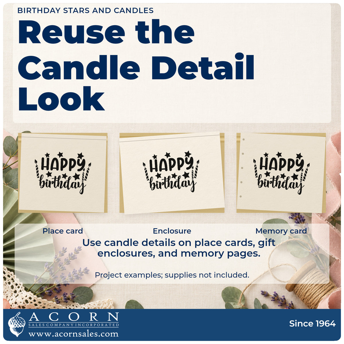Three project examples made with the Birthday Wishes With Stars And Two Candles Rubber Stamp – Duo Hand, including pour record sheet.