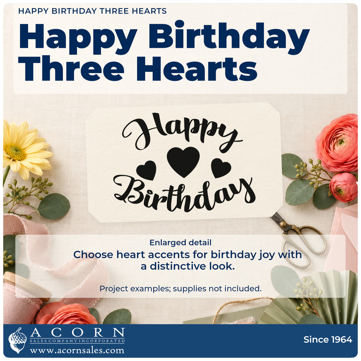 Enlarged detail of the Happy Birthday Three Hearts Wood-Mounted Rubber Stamp imprint. Happy Birthday curves around three solid hearts.