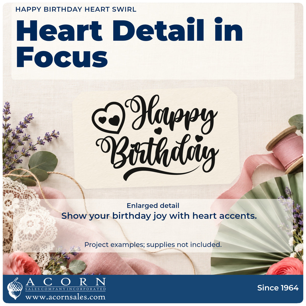 Enlarged detail of the Happy Birthday Curled Heart Script Pre-Inked Stamp – PSI imprint. Happy Birthday appears in decorative script beside an outlined curled heart containing two small hearts, with additional solid hearts around the lettering.