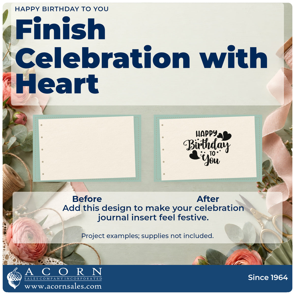 Before and after of a plain item finished with the Happy Birthday To You Heart Clusters Premium Wood-Mounted Stamp – Vintage Pro, a quick upgrade for framed shared room.