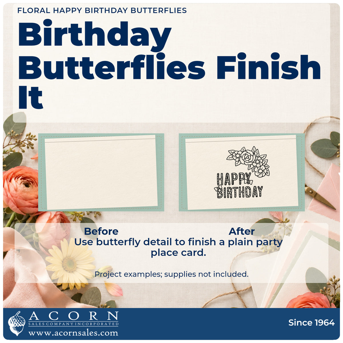 Before and after of a plain item finished with the Butterfly And Flower Birthday Greeting Self-Inking Stamp, a quick upgrade for framed garden gate.