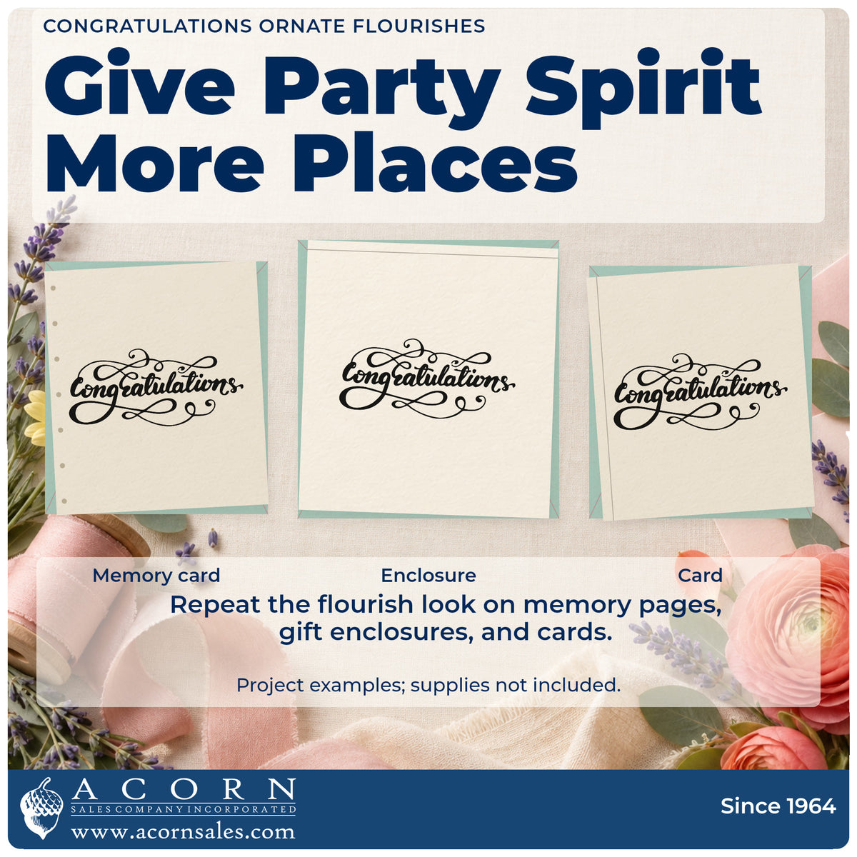 Three project examples made with the Pre-Inked Congratulations Ornate Flourishes Script Lettering Stamp – PSI, including first month sheet.