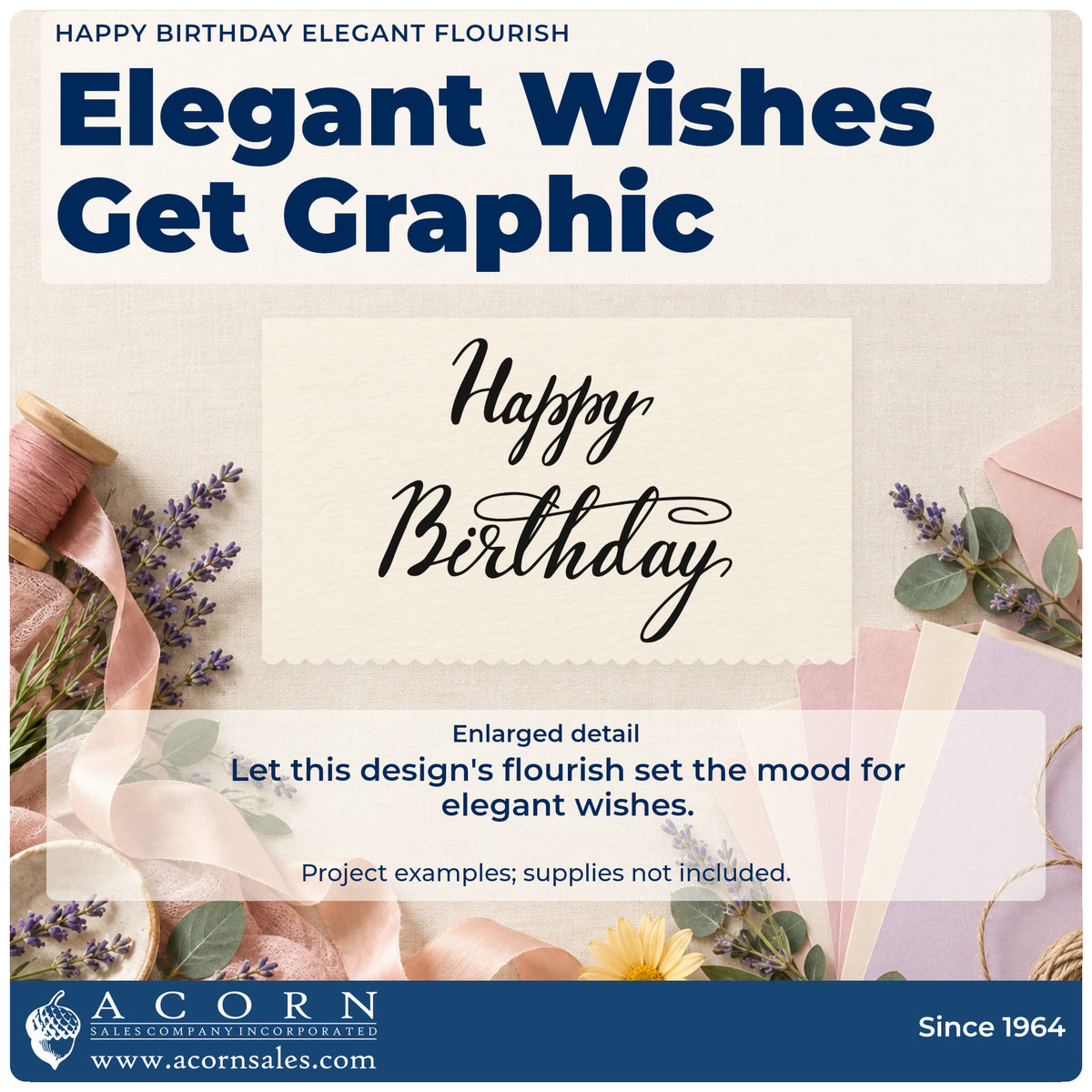 Enlarged detail of the Happy Birthday Duo Hand Stamp imprint. Happy Birthday appears in two lines of formal script with a long horizontal flourish.