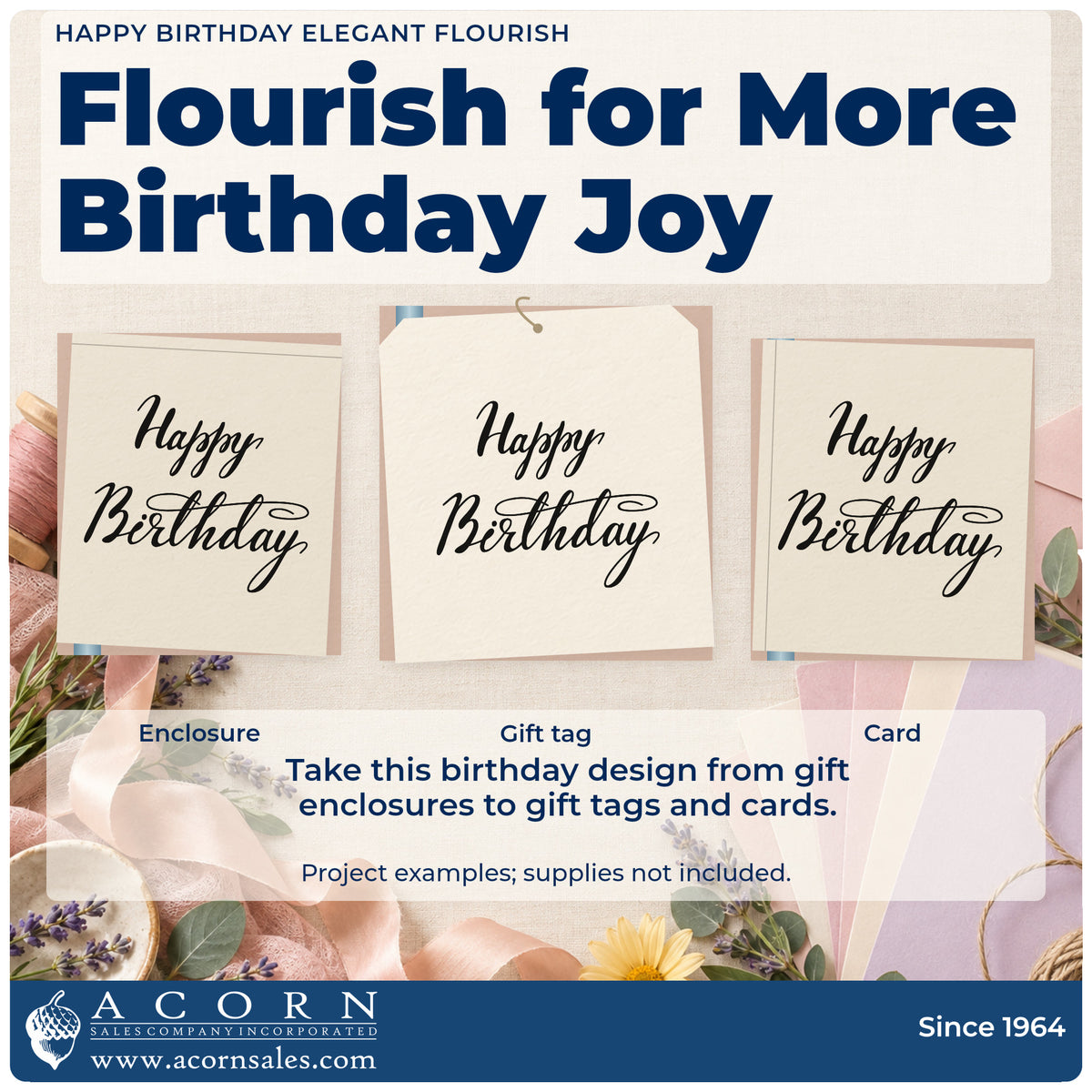 Three project examples made with the Happy Birthday Duo Hand Stamp, including seating plan sheet.