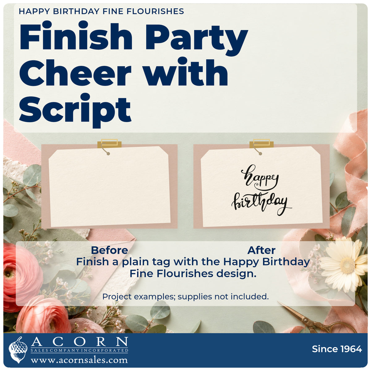 Before and after of a plain item finished with the Happy Birthday Script Lettering Rubber Stamp – Duo Hand, a quick upgrade for framed studio desk.