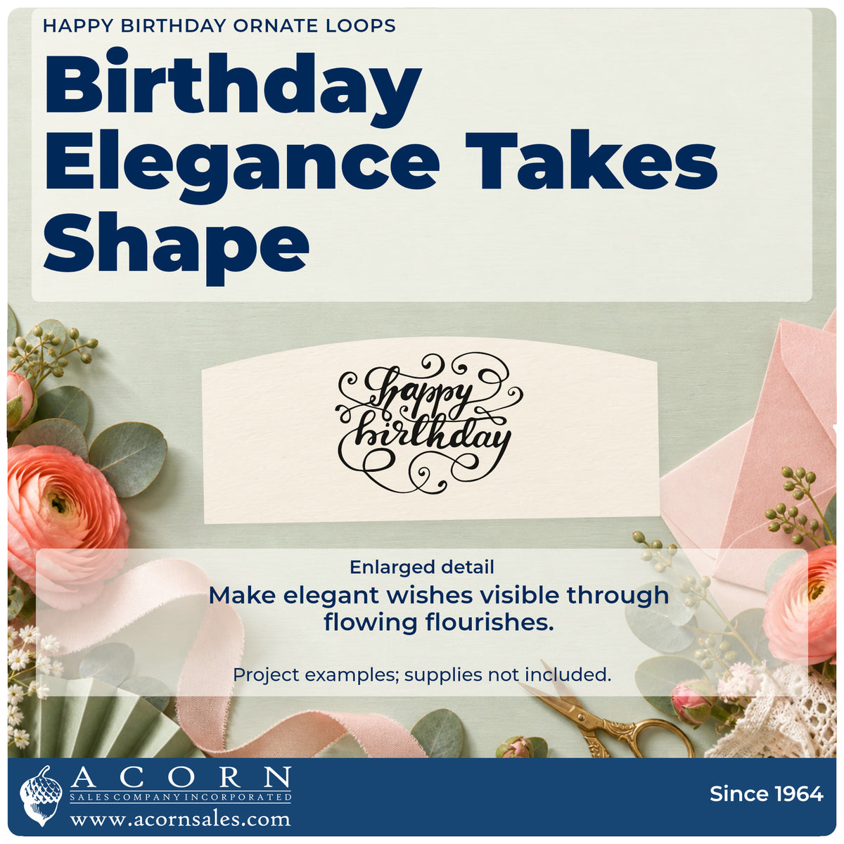 Enlarged detail of the Happy Birthday Ornate Loops Lettering Flourish Stamp – Self-Inking imprint. happy birthday appears within dense swirling calligraphic flourishes.