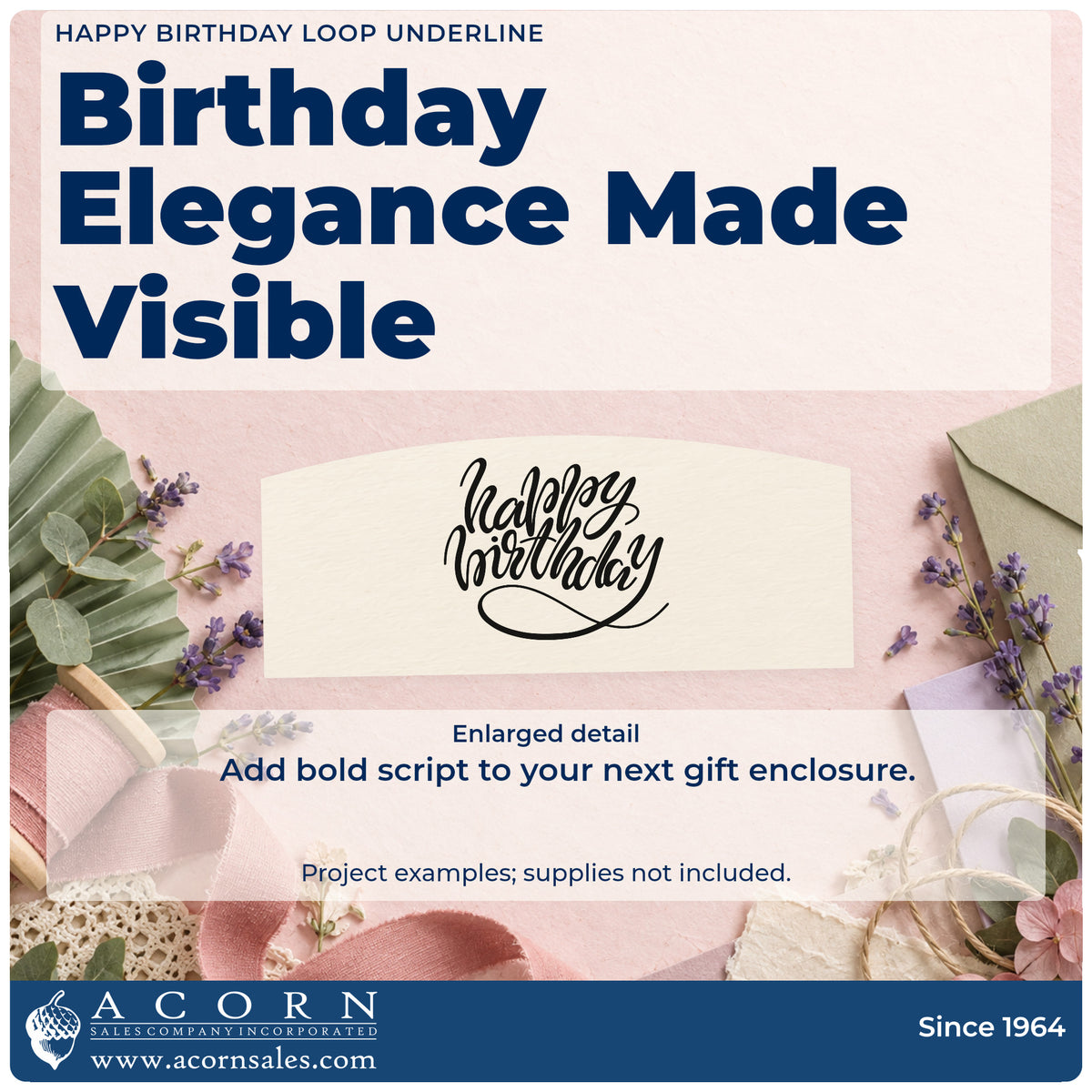 Enlarged detail of the Happy Birthday Loop Underline Script Lettering Slim Pre-Inked Stamp imprint. happy birthday appears in bold connected script above a large looped underline.