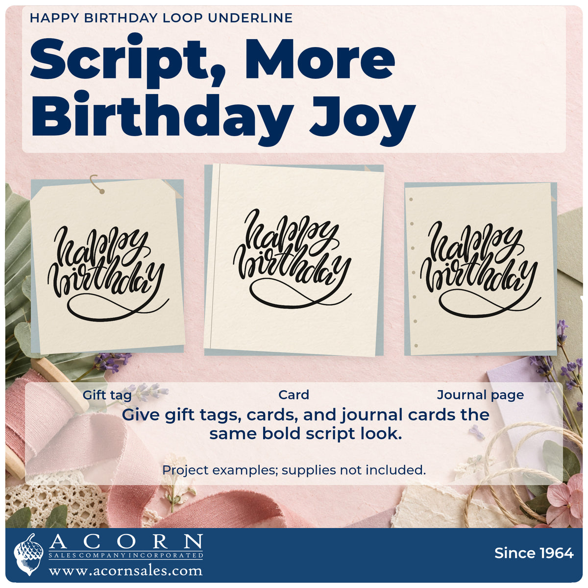 Three project examples made with the Happy Birthday Loop Underline Script Lettering Wood Handle Stamp, including set time sheet.