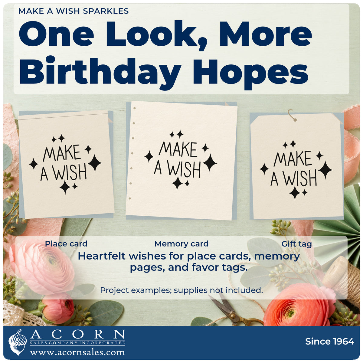 Three project examples made with the Make A Wish Sparkles Stamp – Wood Handle, including year wish sheet.
