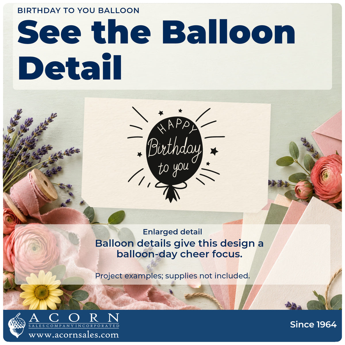 Enlarged detail of the Birthday To You Balloon With Stars Rubber Stamp – Wood Handle imprint. A dark oval balloon reads HAPPY Birthday to you and is surrounded by rays and stars.