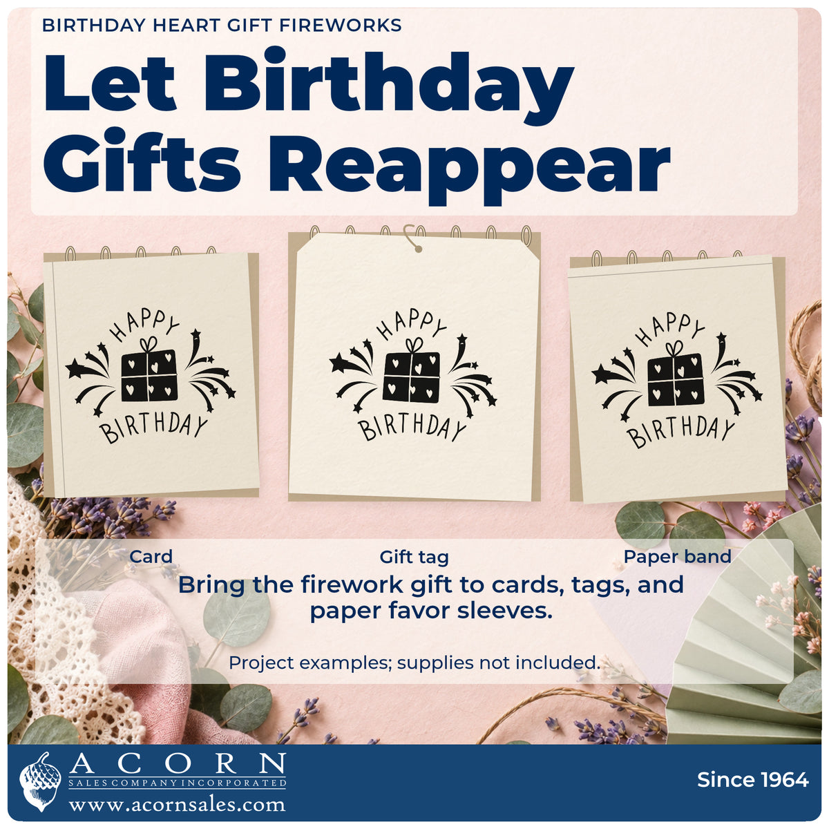 Three project examples made with the Birthday Heart Gift Fireworks With Stars Premium Wooden Stamp – Vintage Pro, including donation log sheet.