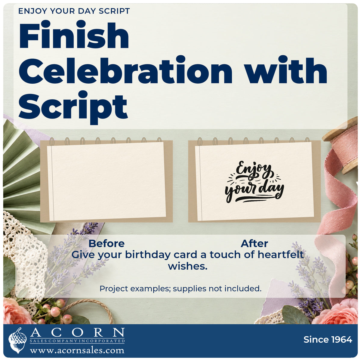 Before and after of a plain item finished with the Enjoy Your Day Script Self-Inking Stamp, a quick upgrade for framed office corner.