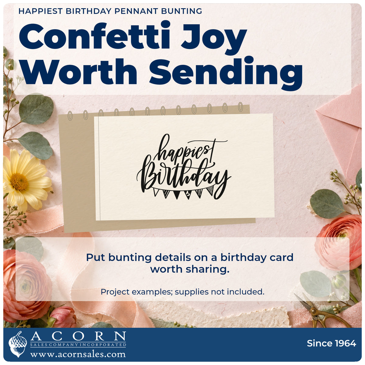 A finished handmade project stamped with the Happiest Birthday Pennant Bunting Premium Wood-Mounted Stamp – Vintage Pro, ideal for market year album page.