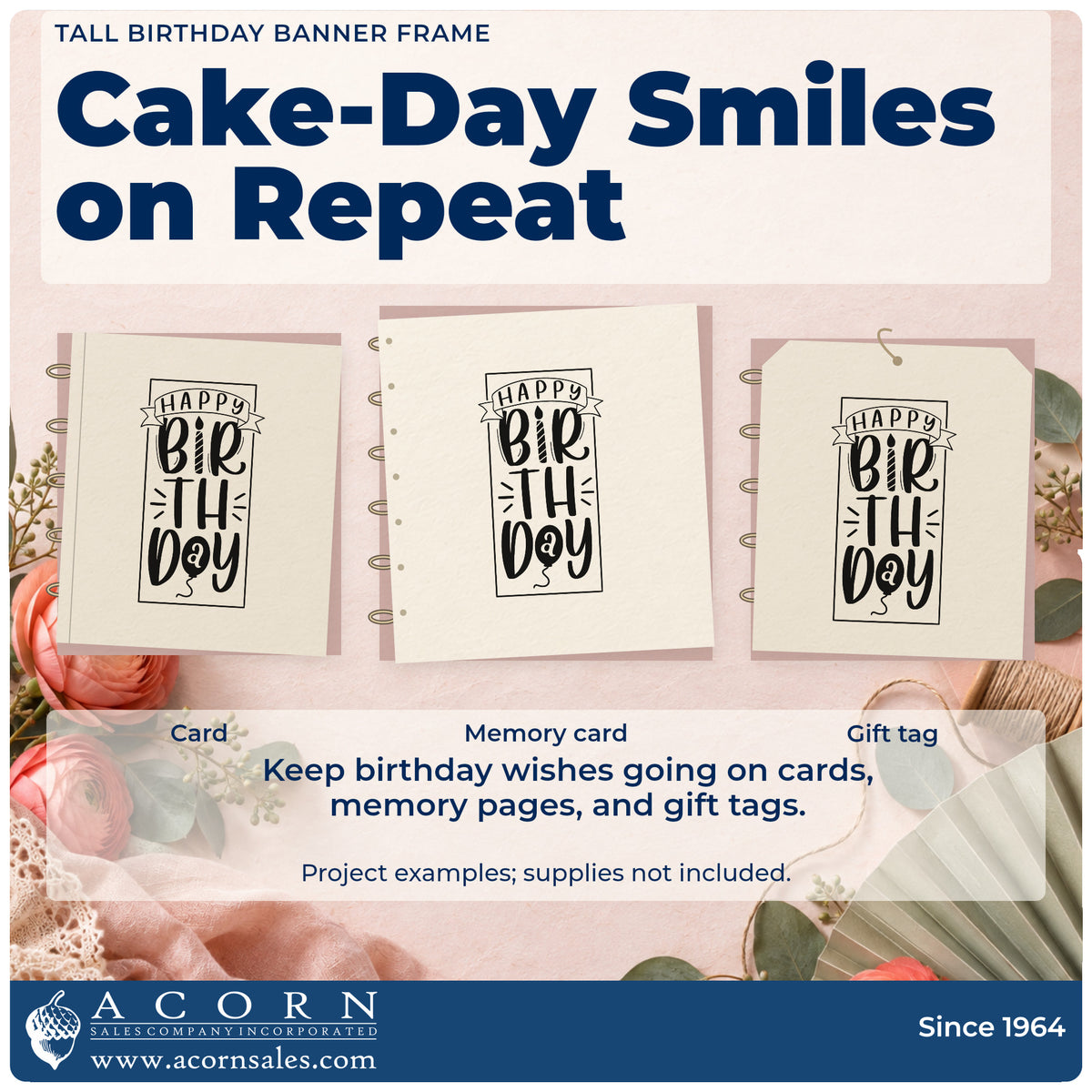 Three project examples made with the Happy Birthday Upright Banner Frame Rubber Stamp – Duo Hand, including day plan sheet.