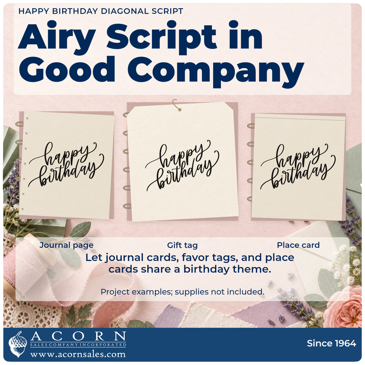 Three project examples made with the Fine Diagonal Birthday Greeting Pre-Inked Stamp – Slim, including milestone list sheet.