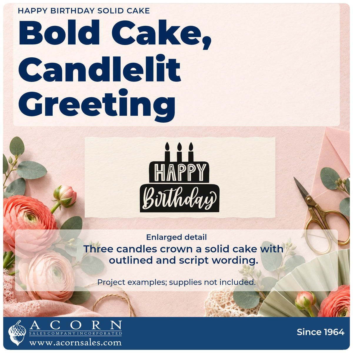 Enlarged detail of the Happy Birthday Tiered Cake Premium Wooden Stamp – Vintage Pro imprint. A solid two-tier cake with three candles contains outlined HAPPY and negative-space script Birthday.