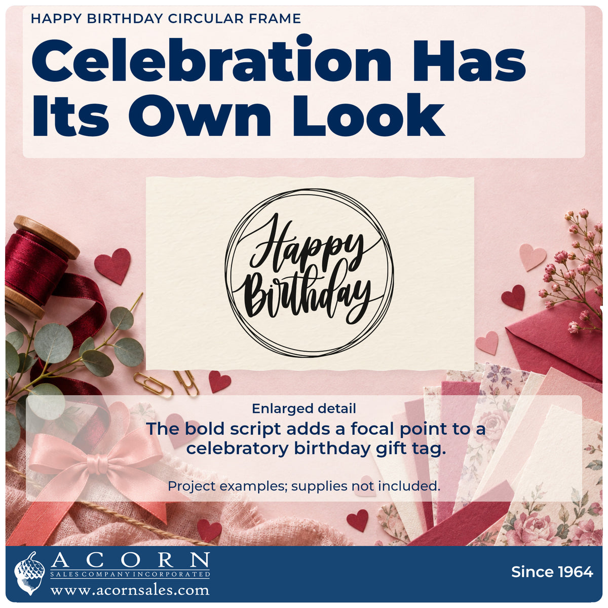Enlarged detail of the Happy Birthday Circular Framed Lettering PSI Pre-Inked Stamp imprint. Happy Birthday appears in brush script inside several loosely drawn circular outlines.