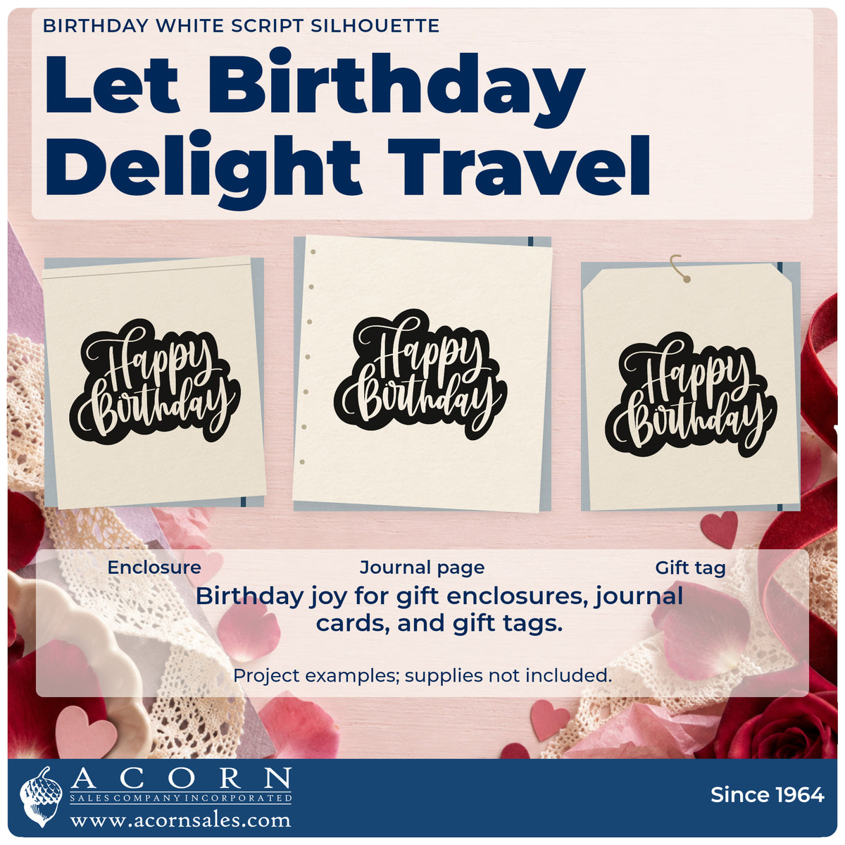 Three project examples made with the Pre-Inked Happy Birthday Cutout Script Lettering Stamp – PSI, including job queue sheet.