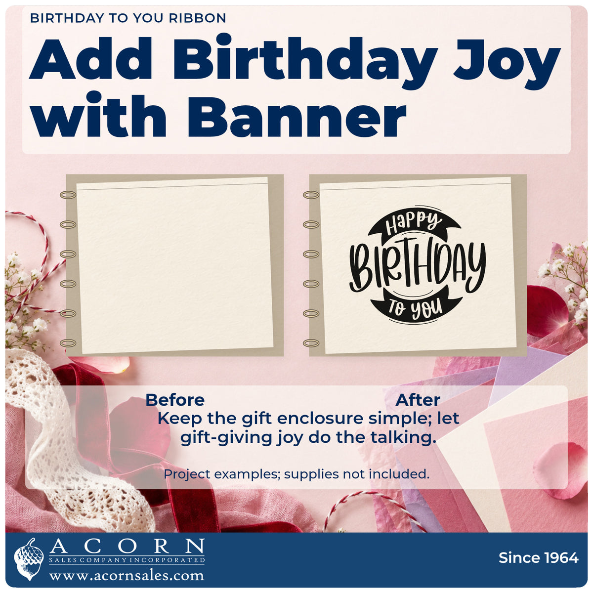 Before and after of a plain item finished with the Happy Birthday Double Ribbon Lettering Stamp – Premium Vintage Pro Wooden, a quick upgrade for framed hall shelf.