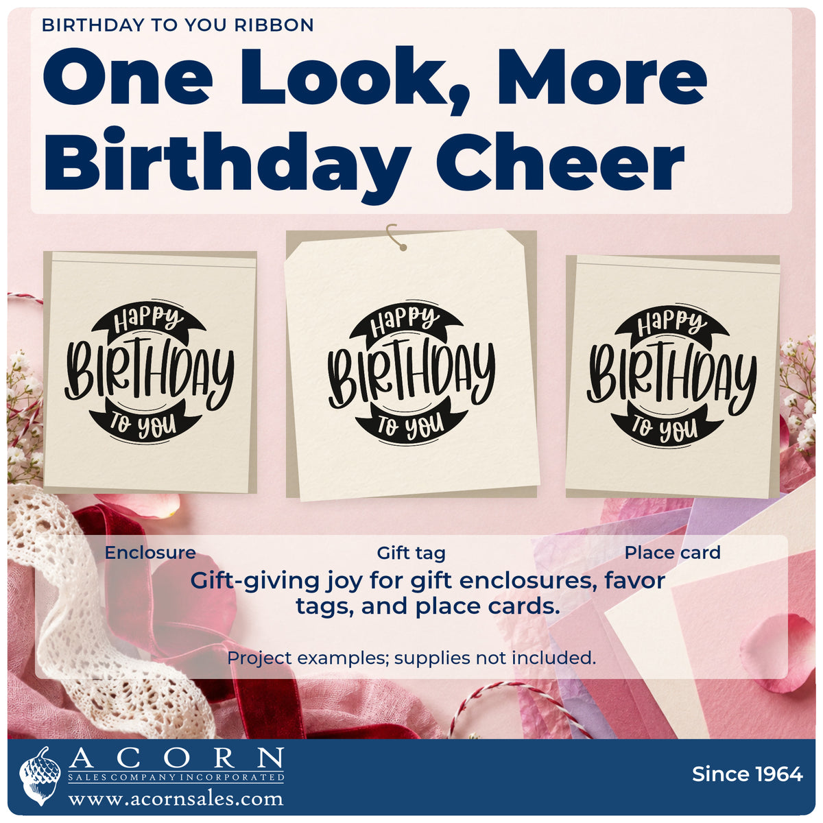 Three project examples made with the PSI Pre-Inked Happy Birthday Double Ribbon Lettering Stamp, including leg timing sheet.