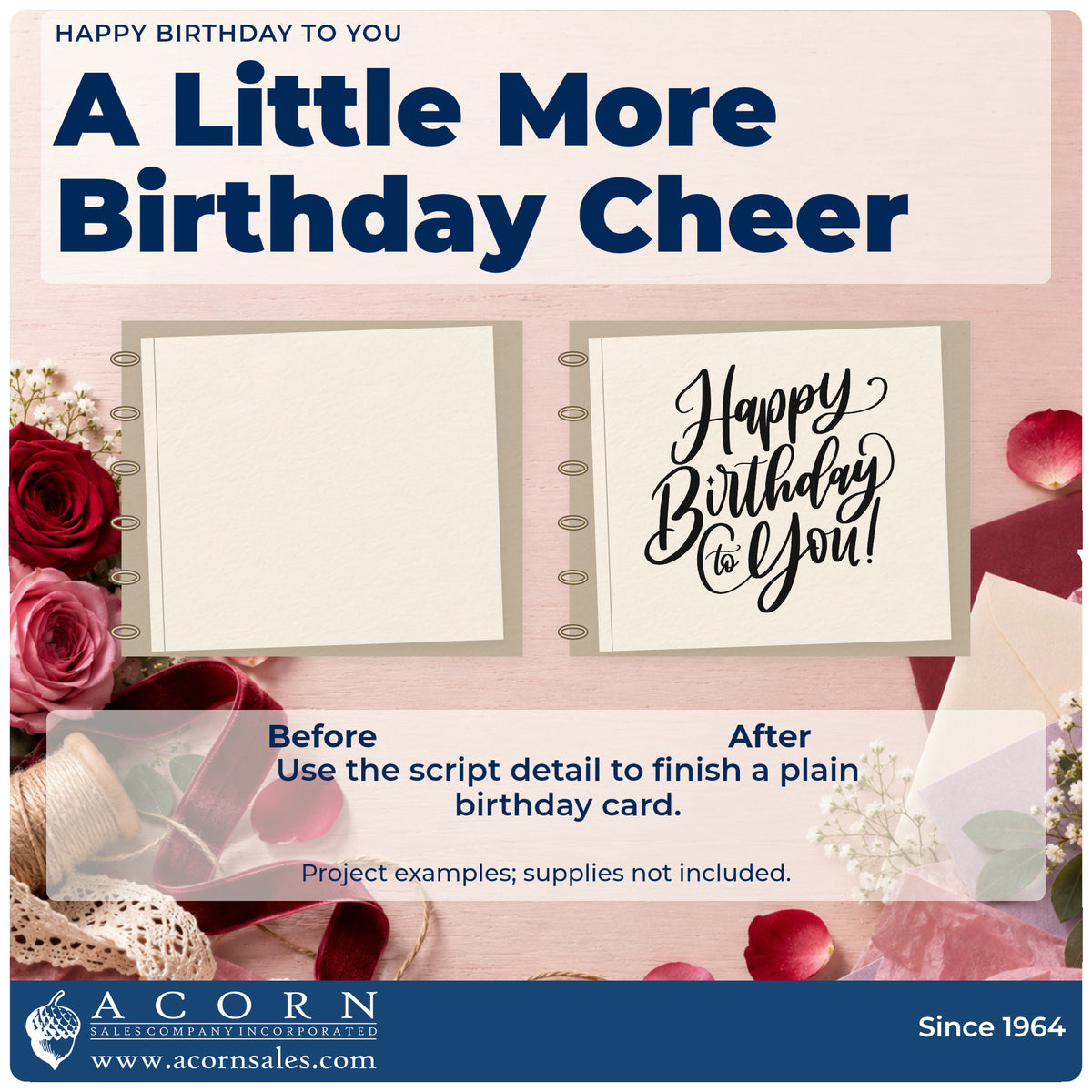 Before and after of a plain item finished with the Happy Birthday To You! Script Lettering Pre-Inked Stamp – PSI, a quick upgrade for framed guest landing.