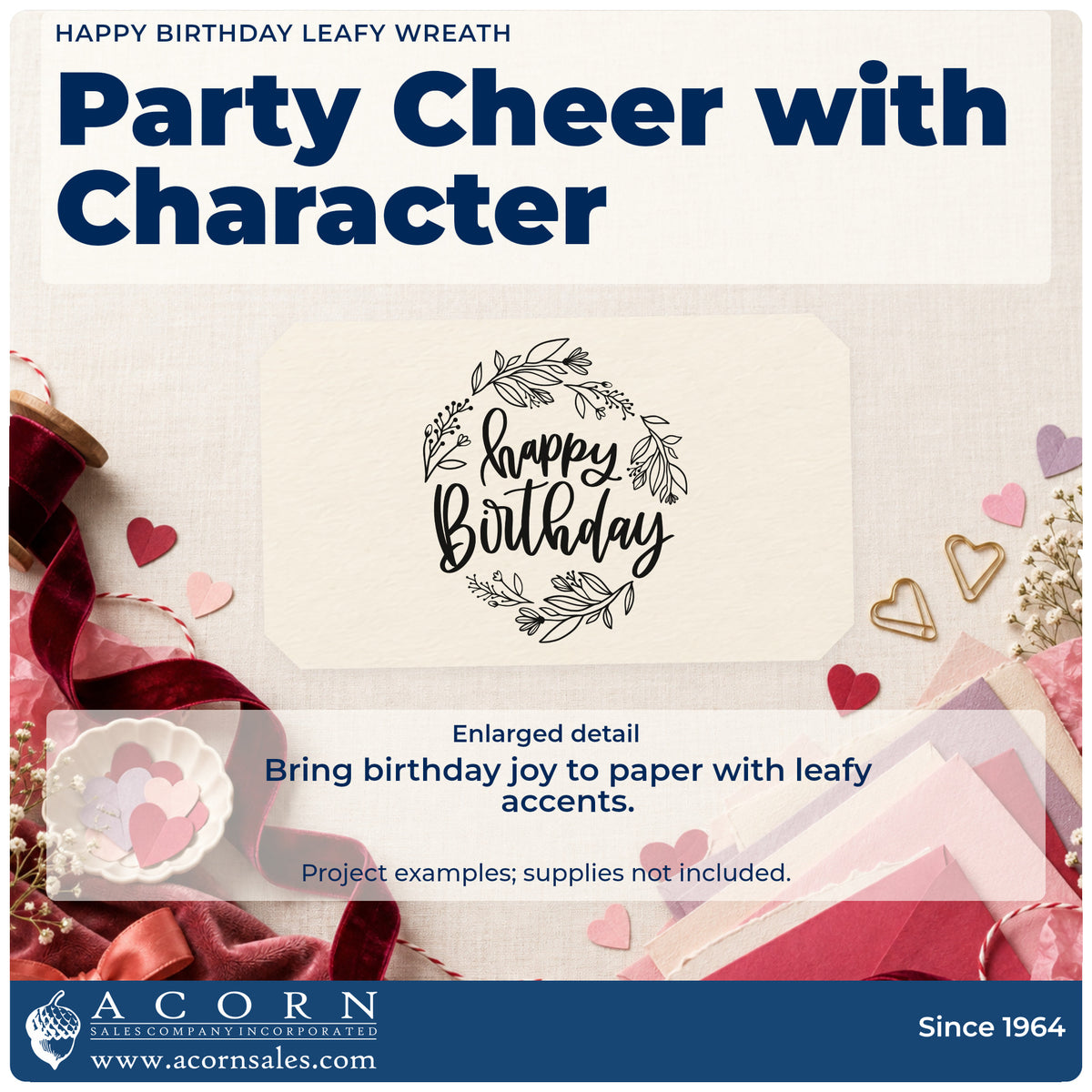 Enlarged detail of the Birthday Wishes Leafy Wreath Slim Pre-Inked Stamp imprint. happy birthday appears inside a delicate wreath of leaves and small botanical sprigs.