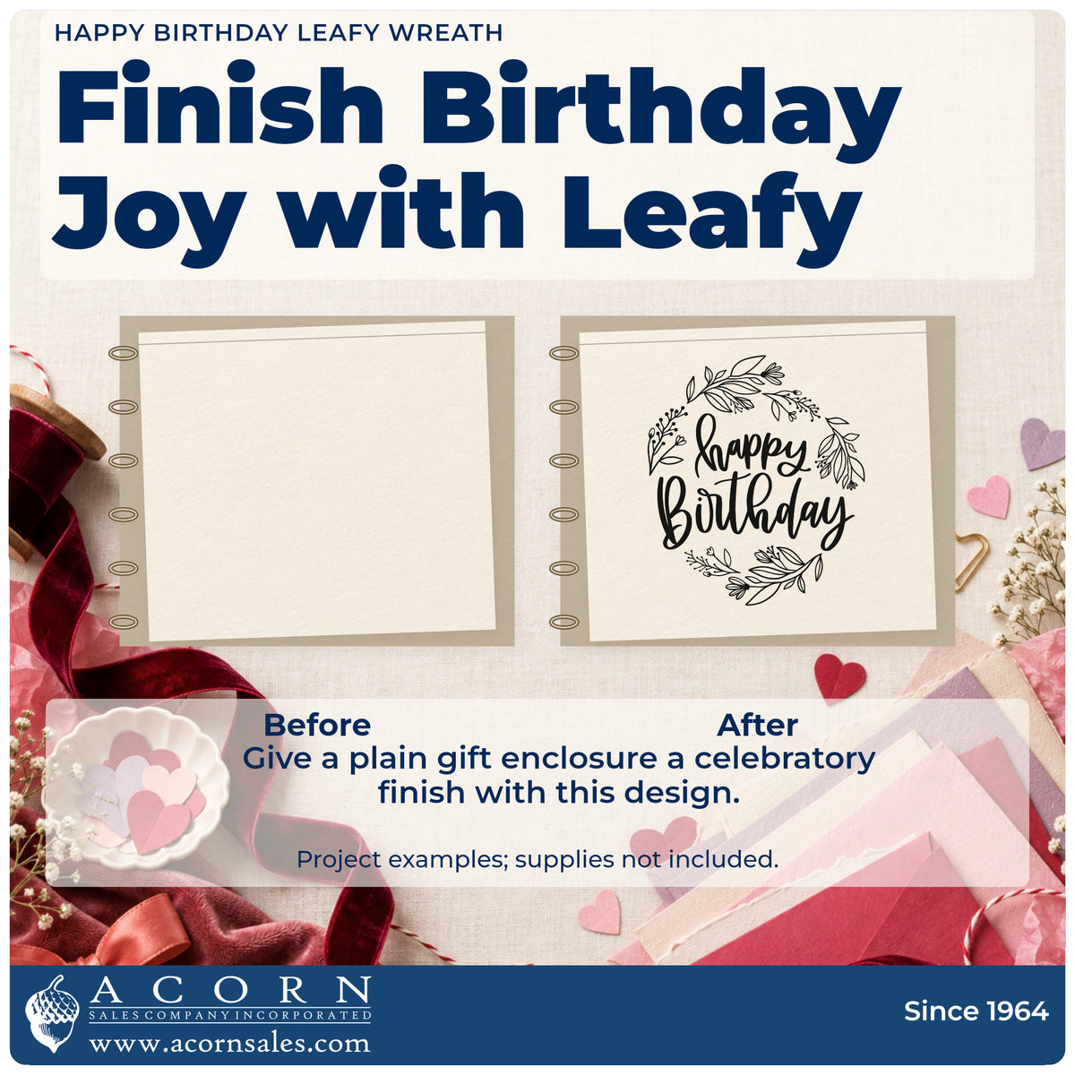 Before and after of a plain item finished with the Birthday Wishes Leafy Wreath Rubber Stamp – Wood Handle, a quick upgrade for framed studio entry.