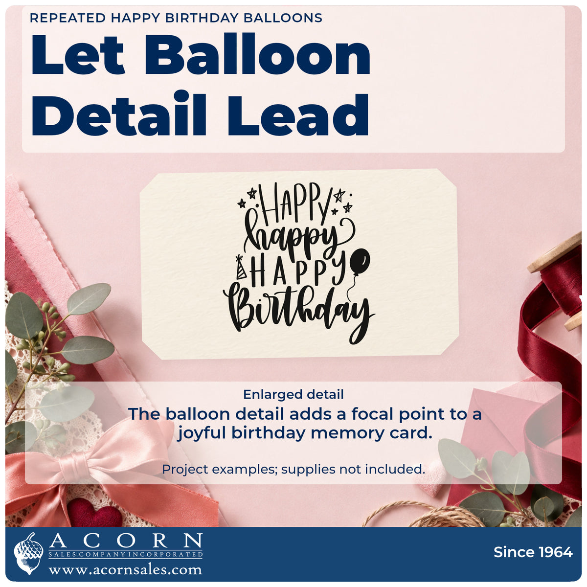 Enlarged detail of the Repeated Happy Birthday Balloons Candles Pre-Inked Stamp – Slim imprint. HAPPY happy HAPPY birthday appears with stars, a tiny candle, and a balloon.