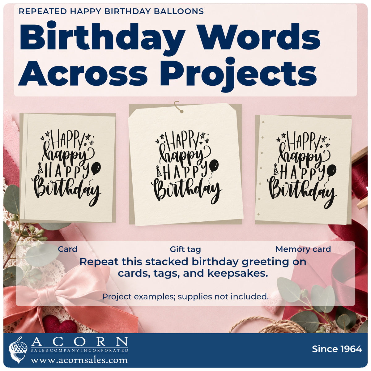 Three project examples made with the Repeated Happy Birthday Balloons Candles Stamp – Premium Vintage Pro Wooden, including party run sheet.