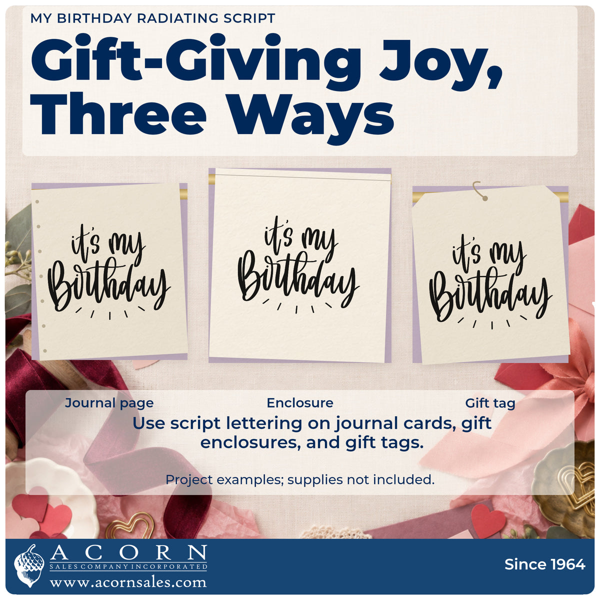 Three project examples made with the My Birthday Radiating Script Lettering PSI Pre-Inked Stamp, including budget plan sheet.