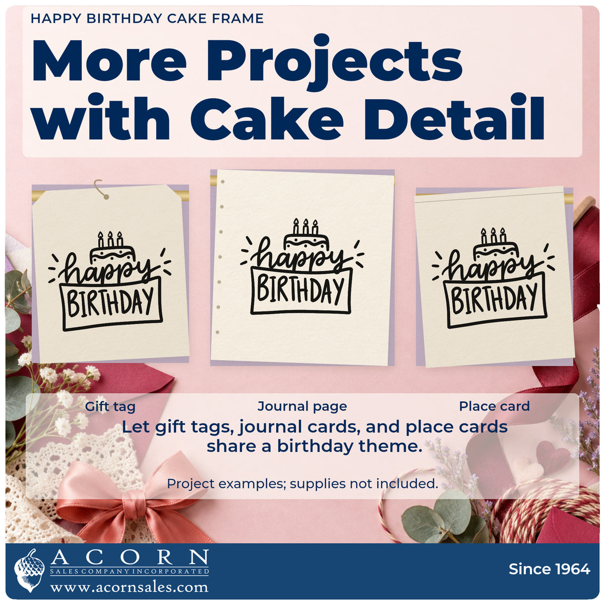 Three project examples made with the Happy Birthday Cake Framed Lettering Craft Stamp – Self-Inking, including order queue sheet.