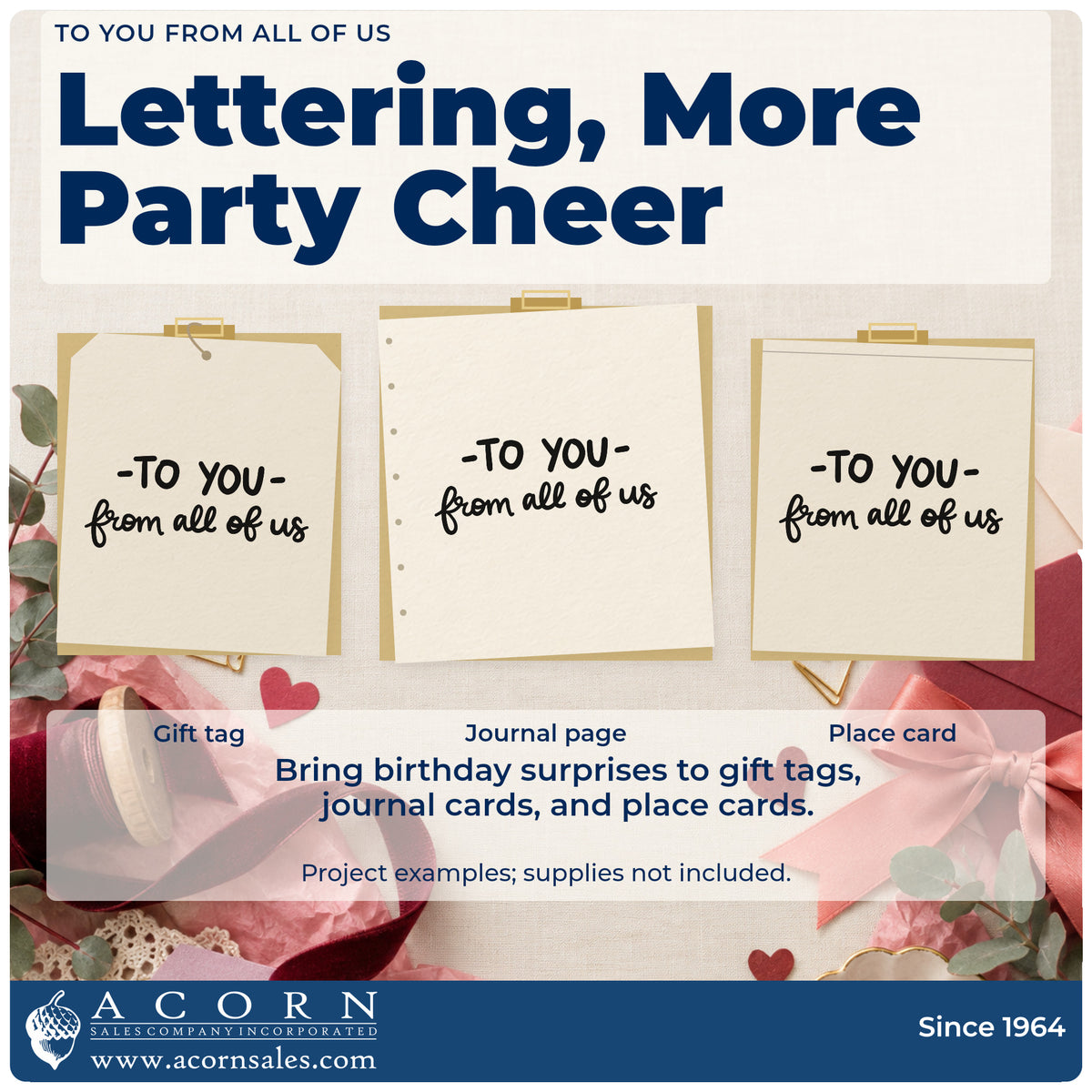 Three project examples made with the To You From All Of Us Slim Pre-Inked Stamp, including neighbor date sheet.