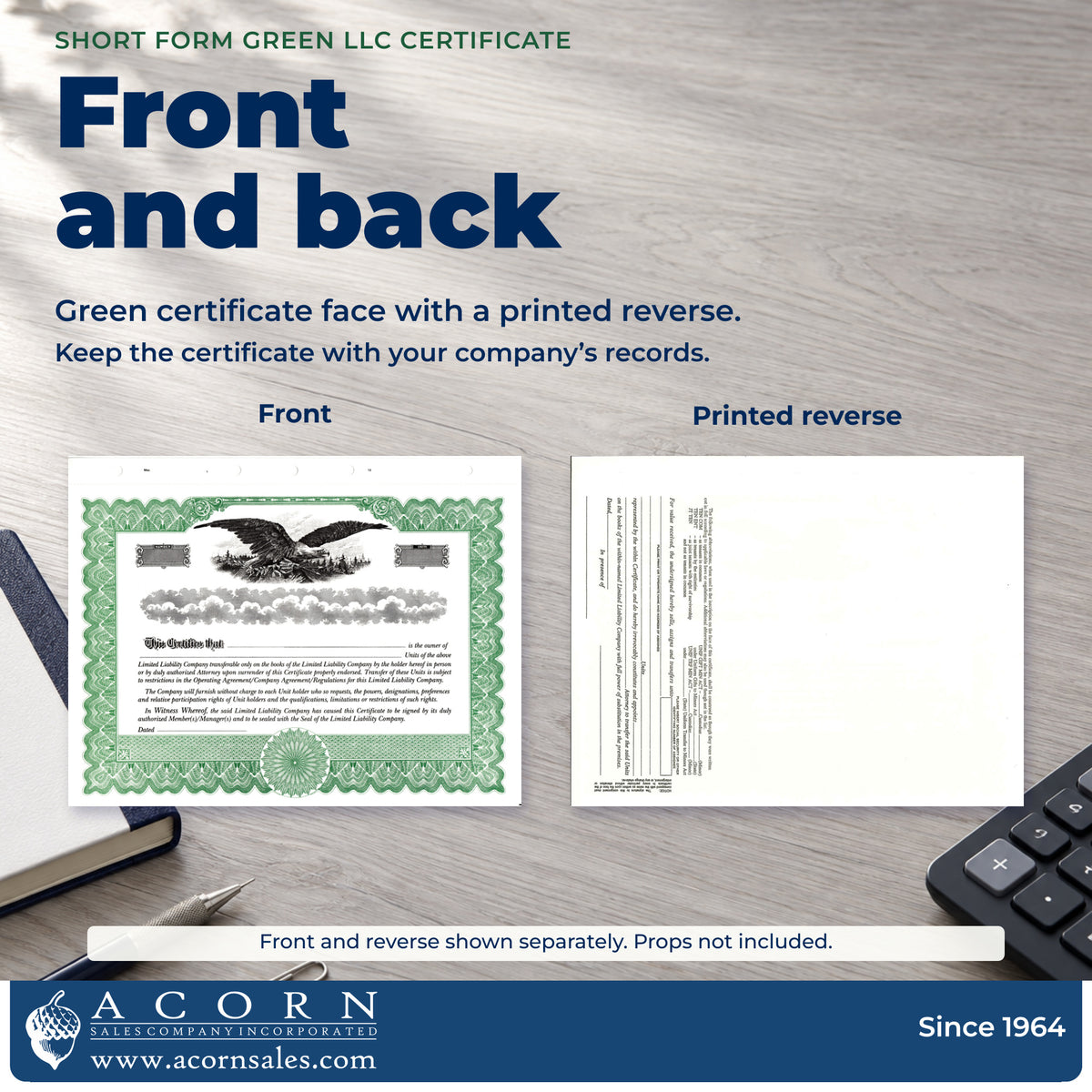 Original front and assignment-form reverse of the green short form LLC certificate.