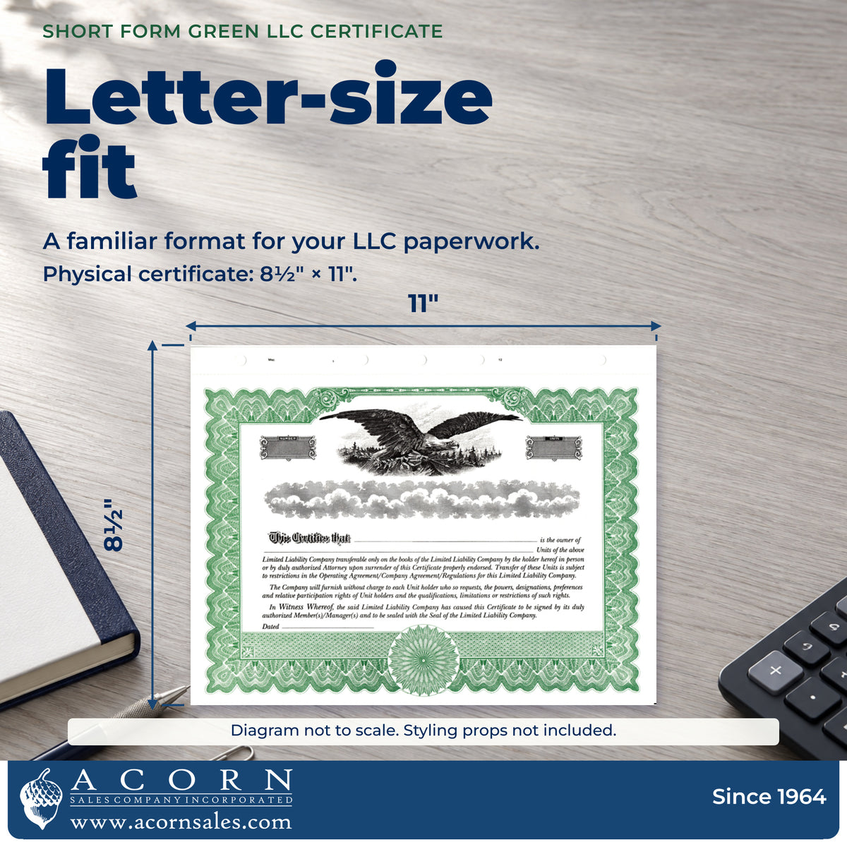 Plain LLC certificate with sheet dimensions marked 11 inches wide and 8½ inches high.