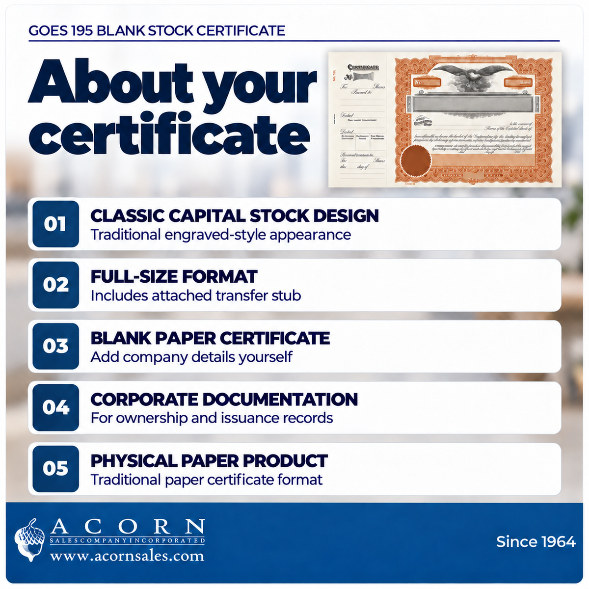 Acorn Sales SKU 2502 infographic: About Your Certificate