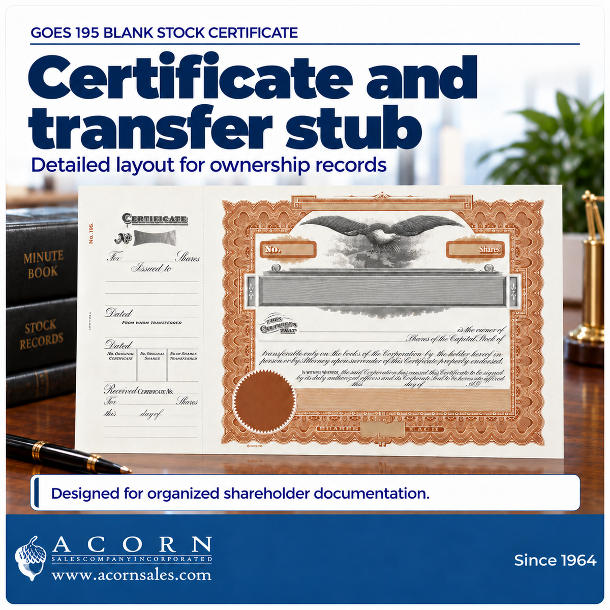 Acorn Sales SKU 2502 infographic: Certificate and Transfer Stub