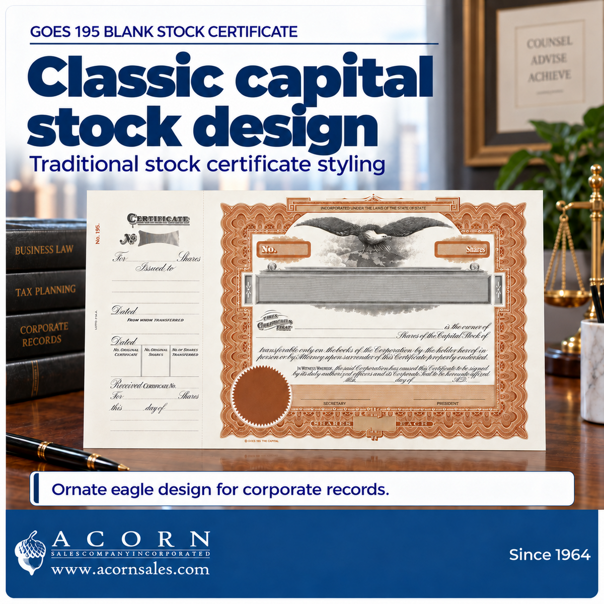 Acorn Sales SKU 2502 infographic: Classic Capital Stock Design