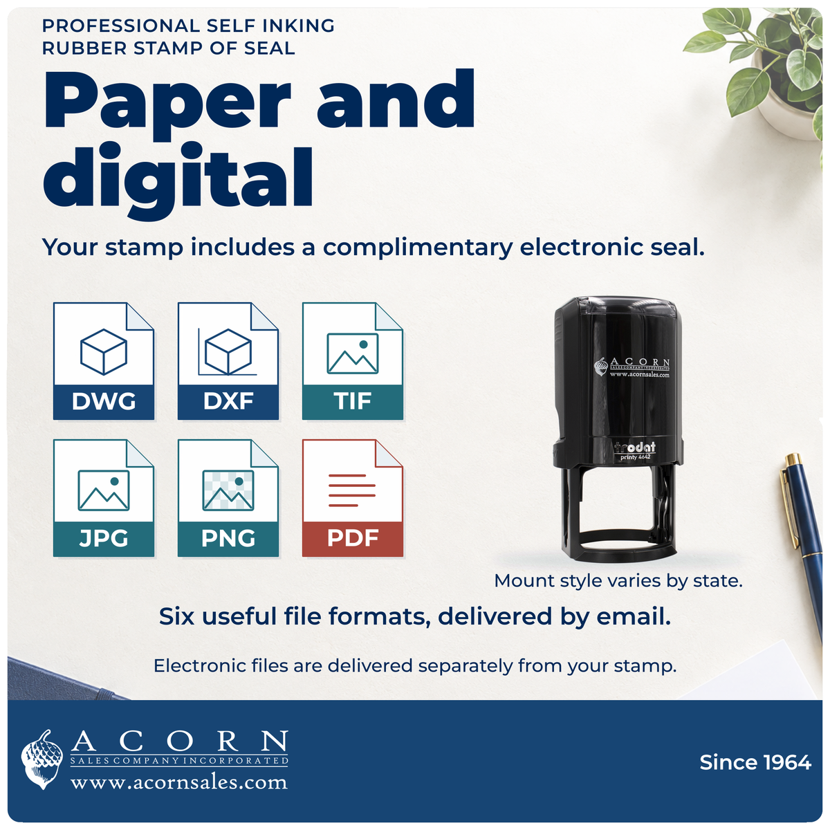 Licensed professional stamp: DWG, DXF, TIF, JPG, PNG and PDF eSeal files by email. Mount varies by state.
