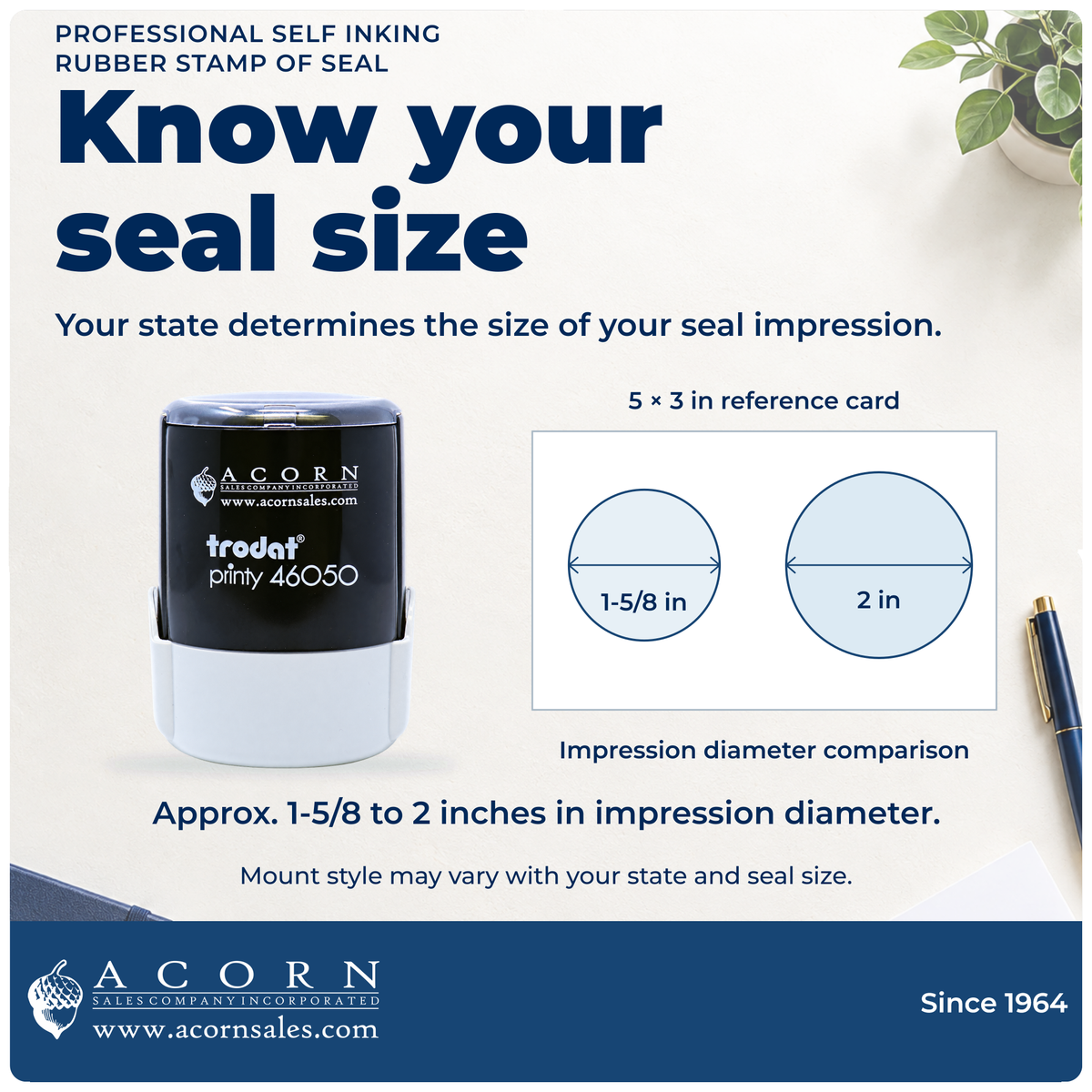 Professional Other stamp: 1-5/8 and 2 inch impression diameters compared on a 5 by 3 inch card.