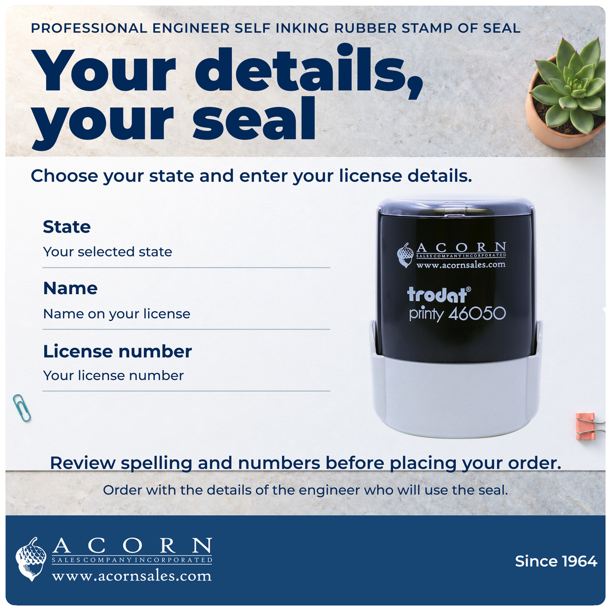 Ordering guide for state, licensed name and license number beside the Acorn engineer stamp.