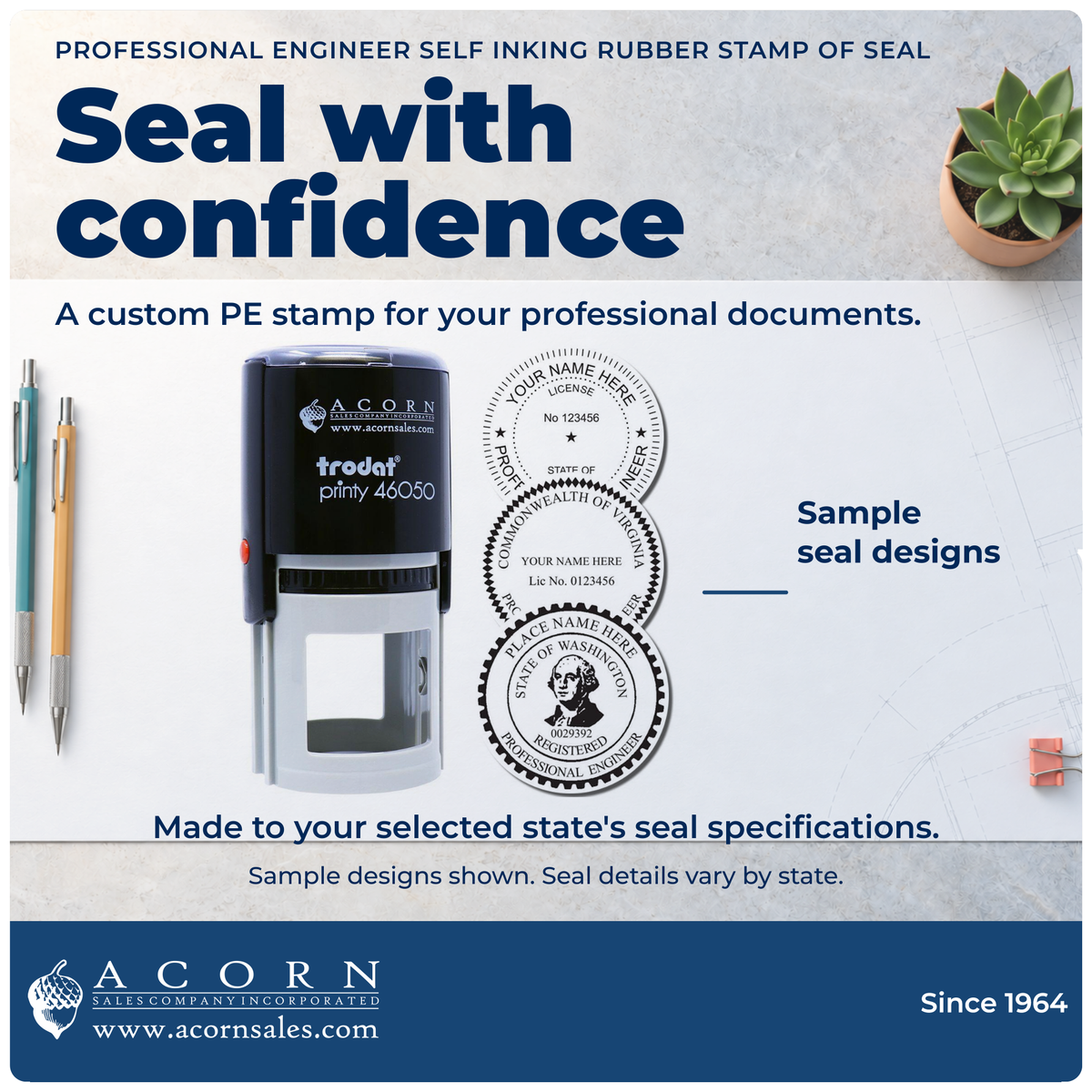 Self-inking PE stamp with sample state seal designs for professional documents.