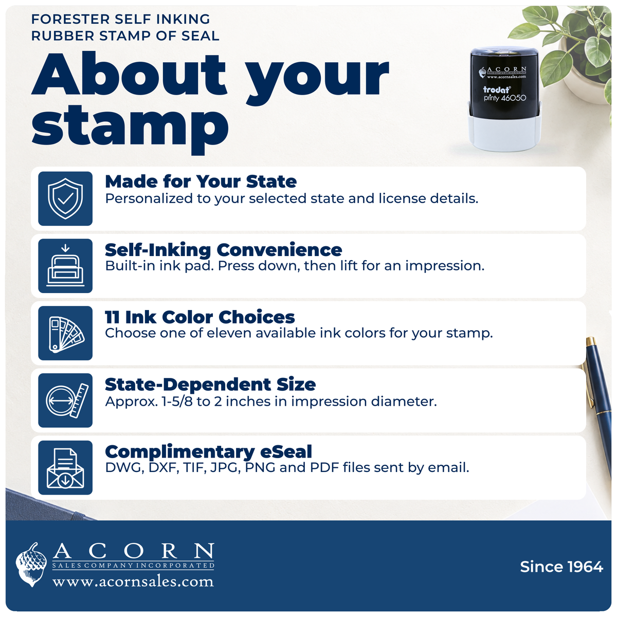 Forester stamp overview: state specifications, self-inking use, 11 ink colors, size and eSeal files.